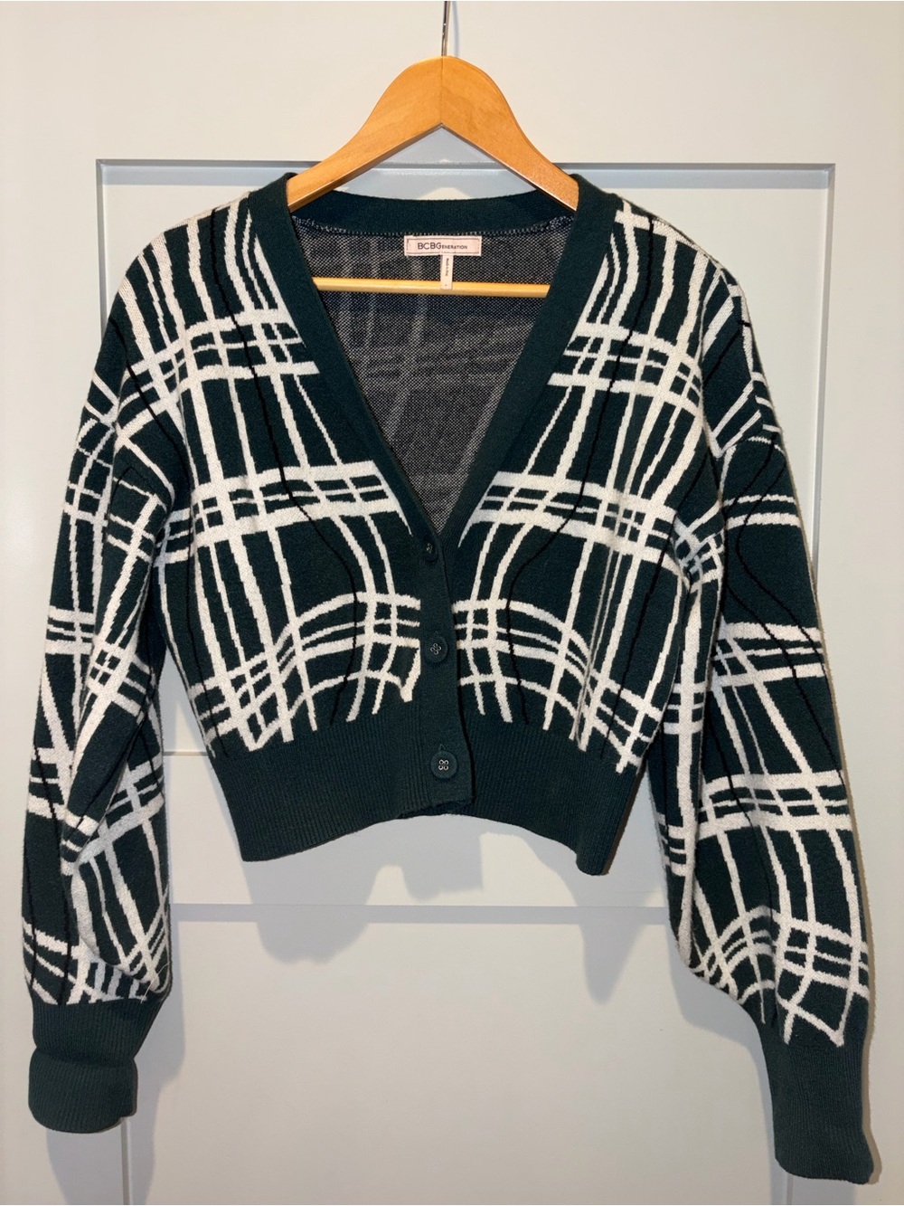 BCBGeneration Green, Black & White Cropped V-Neck Cardigan Sweater